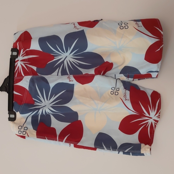 Golden Breed Men Board Shorts Size 92 Blue Red Hawaiian Print Pocket Hook & Loop - Picture 7 of 11